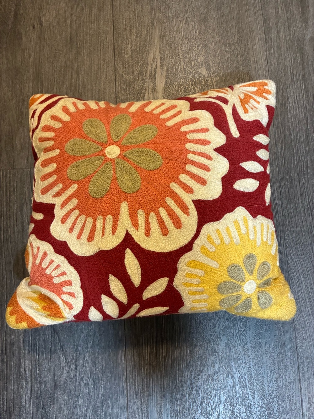 Vintage Floral Wood Appliqué Accent Pillow